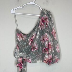 Express Blouse Women's L Gray Pink Floral One Shoulder Romantic Bow